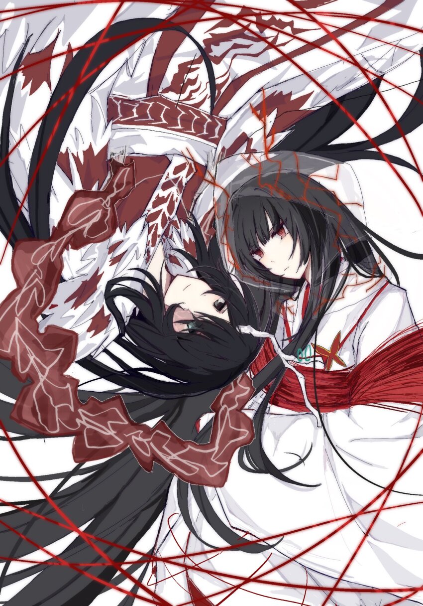 1boy 1girl aqua_eyes black_eyes black_hair chinese_clothes closed_mouth e.g.o_(project_moon) floating_hair great_trichiliocosm_(e.g.o) hagoromo hanfu hashtag-only_commentary heterochromia highres hong_lu_(project_moon) japanese_clothes kimono limbus_company long_hair miyaaawa project_moon red_eyes red_sash ryoshu_(project_moon) sash shawl sidelocks tears_of_the_tarnished_blood_(e.g.o) upside-down very_long_hair white_hanfu white_kimono