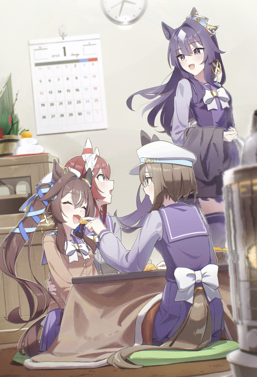 4girls absurdres animal_ears auklet5580 beret blue_eyes blue_hair blue_ribbon blush bow bowtie breasts brown_cardigan brown_hair calendar_(object) cardigan cheval_grand_(umamusume) clock closed_eyes commentary_request cushion ear_covers ear_ornament ears_through_headwear eating feather_hair_ornament feathers feeding food fruit green_eyes hair_between_eyes hair_ornament hat hat_belt highres horse_ears horse_girl horse_tail kagami_mochi kotatsu long_hair mandarin_orange mole mole_under_eye multicolored_hair multiple_girls open_mouth orange_peel peaked_cap pleated_skirt purple_eyes purple_sailor_collar purple_serafuku purple_shirt purple_skirt red_hair ribbon sailor_collar sailor_shirt school_uniform serafuku shirt siblings single_ear_cover sisters skirt smile streaked_hair table tail tracen_school_uniform twintails umamusume under_kotatsu under_table v_sisters verxina_(umamusume) vivlos_(umamusume) white_bow white_bowtie white_hair white_hat win_variation_(umamusume) zabuton