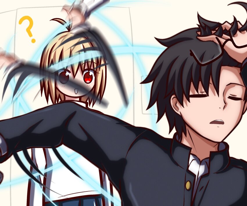 1boy 1girl :d ? adjusting_hair afterimage ahoge arcueid_brunestud blonde_hair blue_skirt blush closed_eyes gakuran glasses hair_intakes highres holding holding_knife jewelry jujutsu_kaisen knife meme miniskirt nanatsu-yoru naoya_hitting_choso_without_looking_(meme) necklace open_mouth parody reverse_grip sakurello scene_reference school_uniform short_hair skirt slashing smile souya_high_school_uniform sweater tohno_shiki tsukihime tsukihime_(remake) turtleneck turtleneck_sweater white_sweater