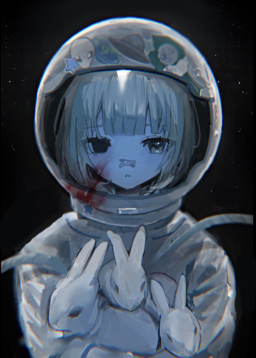 1girl animal bandaid bandaid_on_face bandaid_on_nose black_background blood closed_mouth crossed_bandaids hayu_(hayu0305) helmet heterochromia highres holding holding_animal holding_rabbit looking_at_viewer original rabbit revision solo space space_helmet spacesuit straight-on upper_body