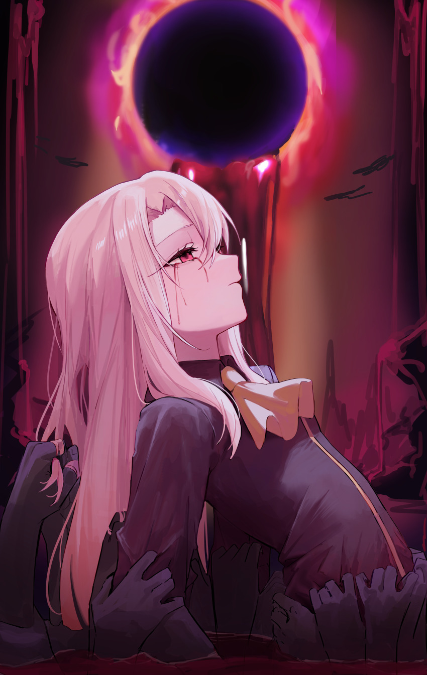 1girl 6+others absurdres ascot bleeding blood bloody_tears darkness expressionless fate/stay_night fate_(series) flat_chest highres holy_grail_(fate) illyasviel_von_einzbern kaze_22 long_hair multiple_others partially_submerged pink_eyes profile pulling purple_shirt shirt solo_focus white_hair
