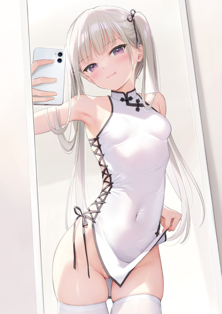 1girl :q ame_(mignon) armpits bare_shoulders blush breasts cellphone china_dress chinese_clothes closed_mouth clothes_lift collarbone contrapposto covered_navel dress female_pov flashing highres holding holding_phone lifting_own_clothes long_hair looking_at_viewer melonbooks microdress mignon mirror mirror_selfie no_panties original phone pov purple_eyes reaching reaching_towards_viewer reflection selfie side_slit skindentation small_breasts smartphone smile solo taking_picture thighhighs third-party_edit tongue tongue_out twintails white_dress white_thighhighs