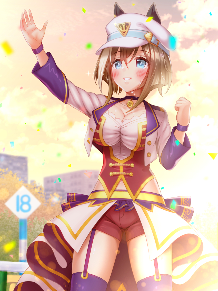 1girl animal_ears blue_eyes blue_sky blush bodice breasts brown_hair cheval_grand_(umamusume) choker cleavage cloud collarbone commentary_request confetti corset cropped_jacket ear_covers ears_through_headwear garter_straps hair_between_eyes hat highres horse_ears horse_girl jacket large_breasts long_hair long_sleeves looking_at_viewer midriff_peek multicolored_hair navel no_tail overskirt parted_lips peaked_cap pendant_choker purple_choker purple_garter_straps purple_thighhighs red_corset red_shorts shirt shorts sky smile solo starting_future_(umamusume) streaked_hair sugimotty_nova thighhighs umamusume v_sisters white_hair white_hat white_jacket white_shirt wristband