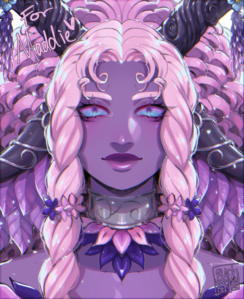 1girl absurdres blackberreh-art blue_eyes braid braided_sidelocks choker colored_skin commentary commission curly_hair english_commentary eyelashes flower hair_flower hair_ornament highres horns leaf lips looking_at_viewer original pink_eyes purple_skin smile straight-on