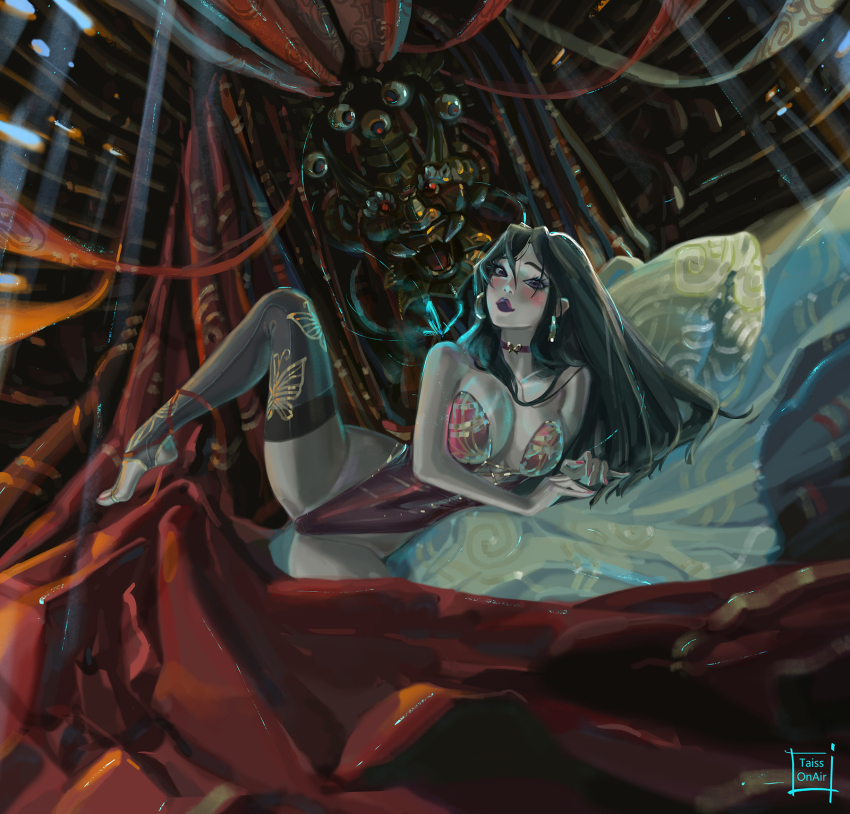 1girl artist_name black_hair blush breasts choker closed_mouth commentary covered_navel dutch_angle earrings english_commentary highres jewelry large_breasts leotard long_hair looking_at_viewer lying marvel marvel_rivals nail_polish on_side paid_reward_available psylocke purple_eyes purple_lips solo spread_legs tatti_art thighhighs variant_set wide_hips