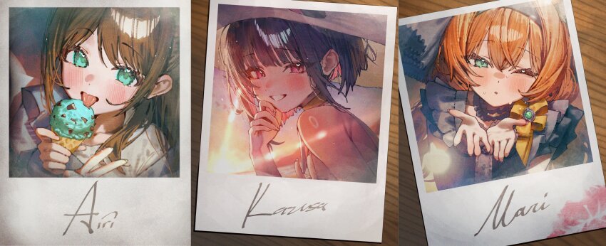 1girl 3girls absurdres airi_(blue_archive) animal_ear_fluff animal_ears betabeet black_hair blowing_kiss blue_archive blue_eyes blush cat_ears colored_inner_hair company_name dress extra_ears fake_photograph food halo hat highres holding holding_ice_cream_cone ice_cream ice_cream_cone kazusa_(blue_archive) licking_food lipstick_mark long_hair mari_(blue_archive) mari_(idol)_(blue_archive) mint_chocolate multicolored_hair multiple_girls official_alternate_costume orange_hair photo_(object) pink_hair polaroid_photo short_hair sunset two-tone_hair