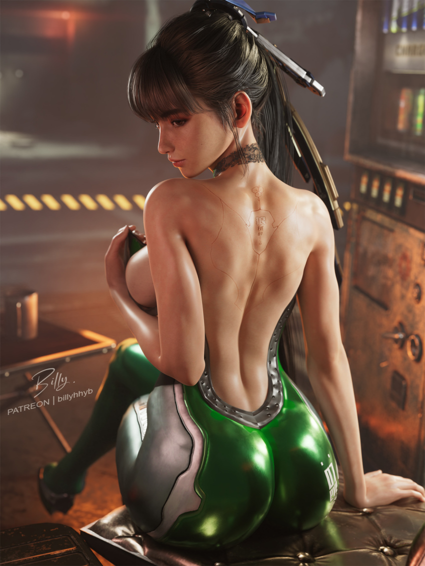 1girl 3d ass back backboob billyhhyb black_hair blurry blurry_background body_markings bodysuit bodysuit_pull breasts brown_eyes closed_mouth eve_(stellar_blade) from_behind green_bodysuit hair_ornament highres large_breasts lips long_hair looking_back planet_diving_suit_(7th)_(stellar_blade) ponytail sitting solo stellar_blade very_long_hair