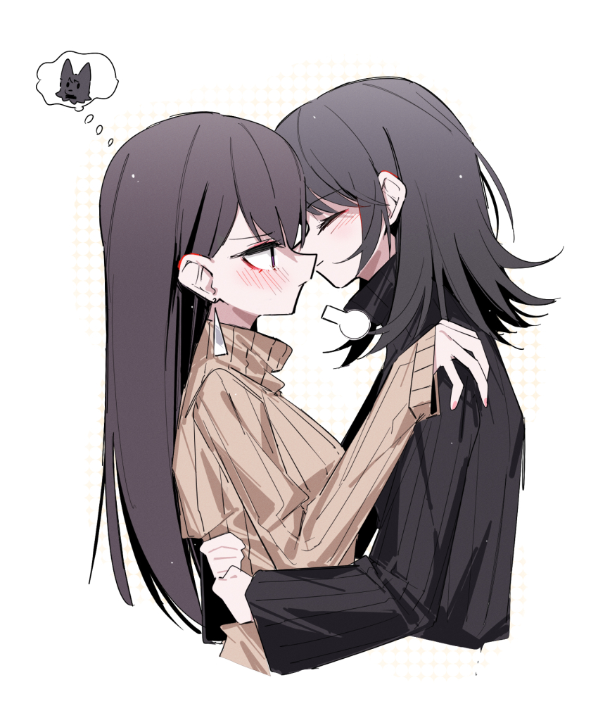 2girls animal_ears bang_dream! bang_dream!_it&#039;s_mygo!!!!! black_hair black_sweater blush brown_sweater commentary_request highres hug imminent_kiss long_hair long_sleeves medium_hair multiple_girls purple_eyes shiina_taki simple_background sweater white_background yahata_umiri yuri zikiki1092