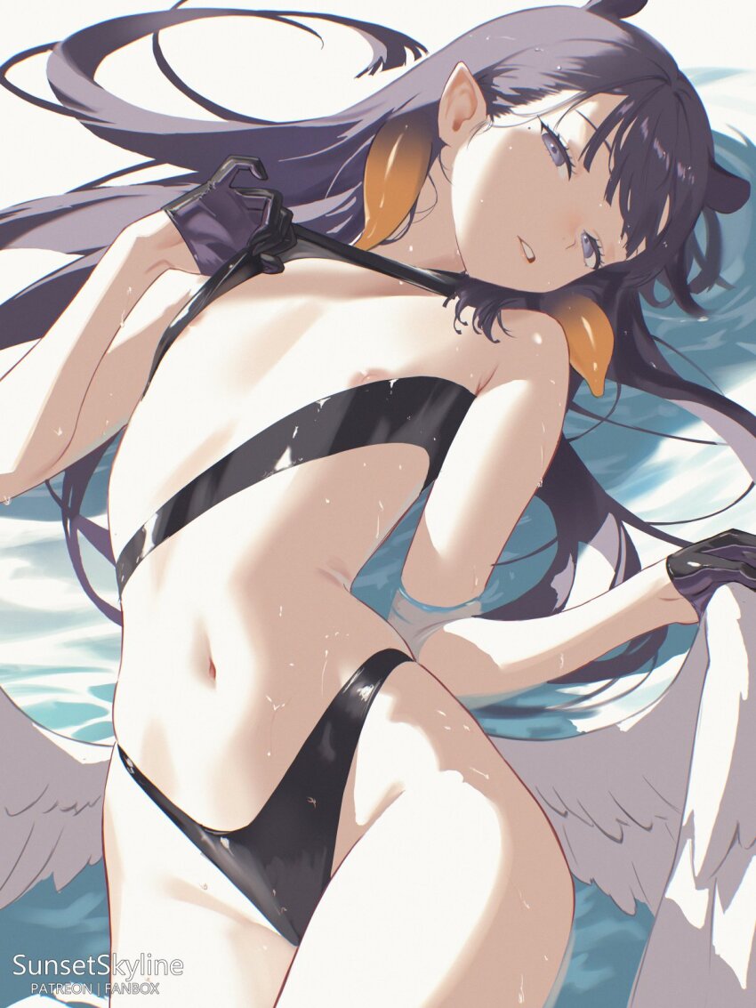 1girl areola_slip black_gloves black_one-piece_swimsuit blue_eyes casual_one-piece_swimsuit commentary english_commentary feathered_wings flat_chest gloves gradient_hair half_gloves highres hololive hololive_english long_hair looking_at_viewer low_wings lying mole mole_under_eye multicolored_hair navel ninomae_ina'nis on_back one-piece_swimsuit orange_hair parted_lips pointy_ears purple_hair revealing_clothes sidelocks solo stomach straight_hair sunsetskyline swimsuit tentacle_hair very_long_hair virtual_youtuber white_wings wings