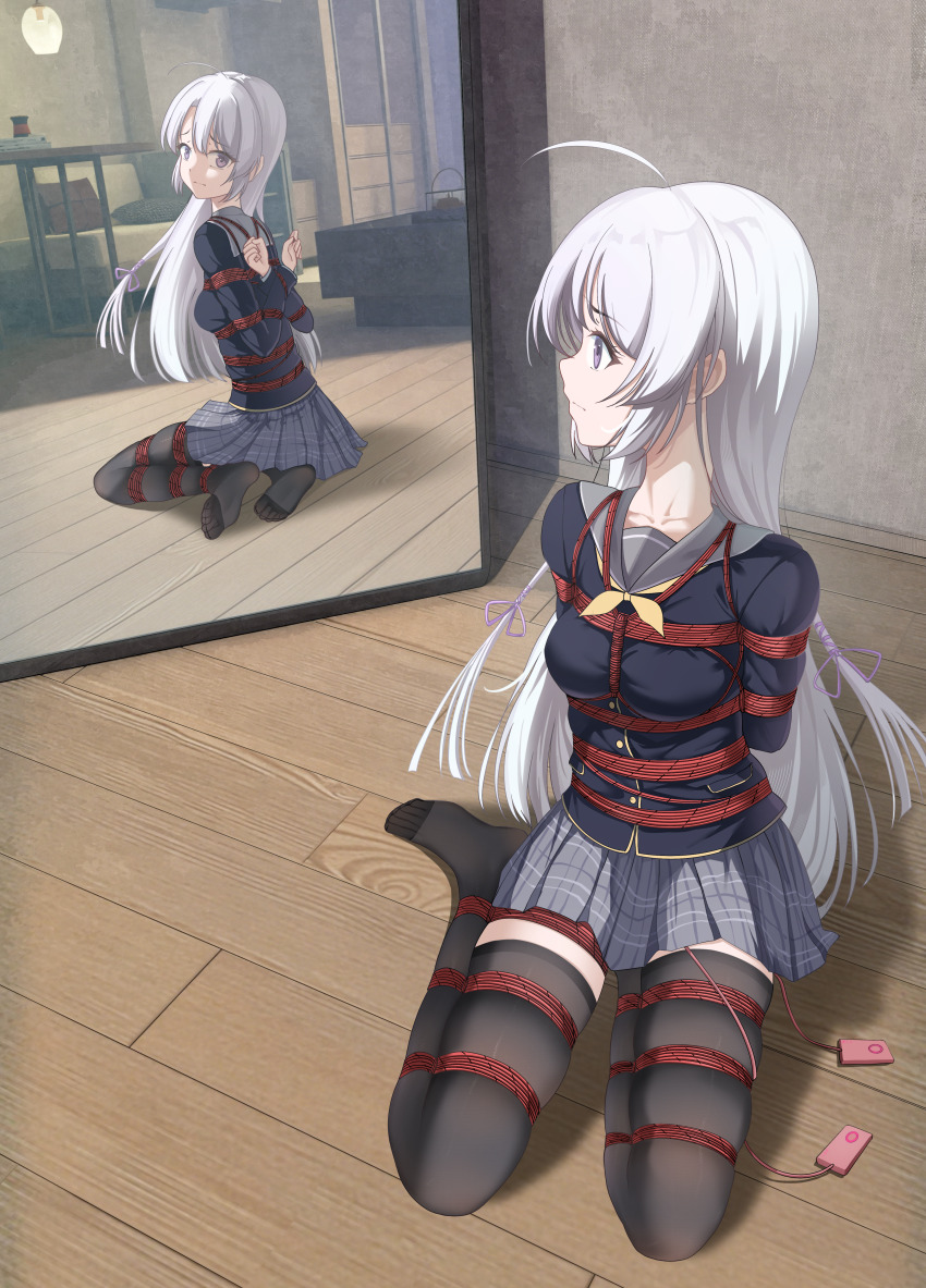1girl absurdres ahoge arms_behind_back ayachi_nene bdsm black_jacket black_thighhighs bondage bound bound_arms bound_breasts bound_legs bound_thighs bound_torso breasts chinese_commentary closed_mouth collarbone commentary_request commission egg_vibrator feet female_focus forced_orgasm frogtie frown full-length_mirror full_body furrowed_brow grey_hair grey_sailor_collar grey_skirt hair_ribbon highres implied_masturbation indoors jacket liangfangliangfangliang long_hair long_sleeves looking_at_mirror medium_breasts miniskirt mirror no_shoes on_floor plaid_clothes plaid_skirt pleated_skirt profile purple_eyes purple_ribbon reflection remote_control_vibrator restrained ribbon sailor_collar sanoba_witch school_uniform second-party_source serafuku sex_toy shibari shibari_over_clothes sidelocks sitting skindentation skirt soles solo straight_hair thighhighs thighs toes variant_set very_long_hair vibrator vibrator_cord vibrator_under_clothes wooden_floor yokozuwari zettai_ryouiki