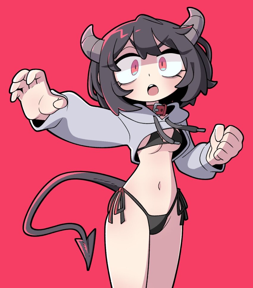 1girl armedrabbit bikini black_hair black_panties breasts collar commentary_request demon_tail highleg highres horns korean_commentary long_sleeves looking_at_viewer medium_breasts navel open_mouth original panties pink_background red_background red_eyes short_hair side-tie_panties simple_background solo swimsuit tail underboob underwear