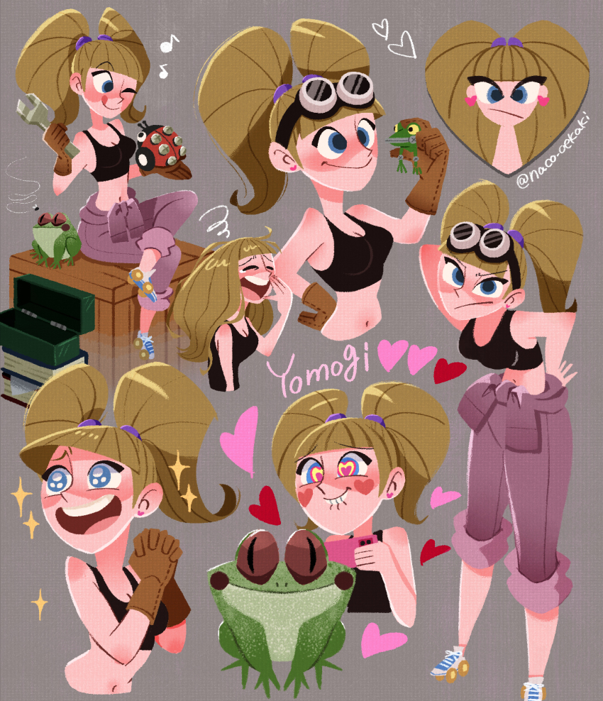 1girl biting_own_lip black_shirt black_sports_bra blue_eyes blunt_bangs blush breasts brown_gloves brown_hair cellphone cleavage closed_mouth clothes_around_waist commentary_request crate frog gloves goggles goggles_on_head grey_background heart heart-shaped_pupils highres holding holding_phone holding_wrench long_hair mechanic midriff multiple_views musical_note naco_oekaki navel open_mouth original own_hands_together pants phone purple_pants shirt simple_background sitting smartphone smile sparkle sports_bra squiggle standing symbol-shaped_pupils teeth twintails upper_teeth_only wrench