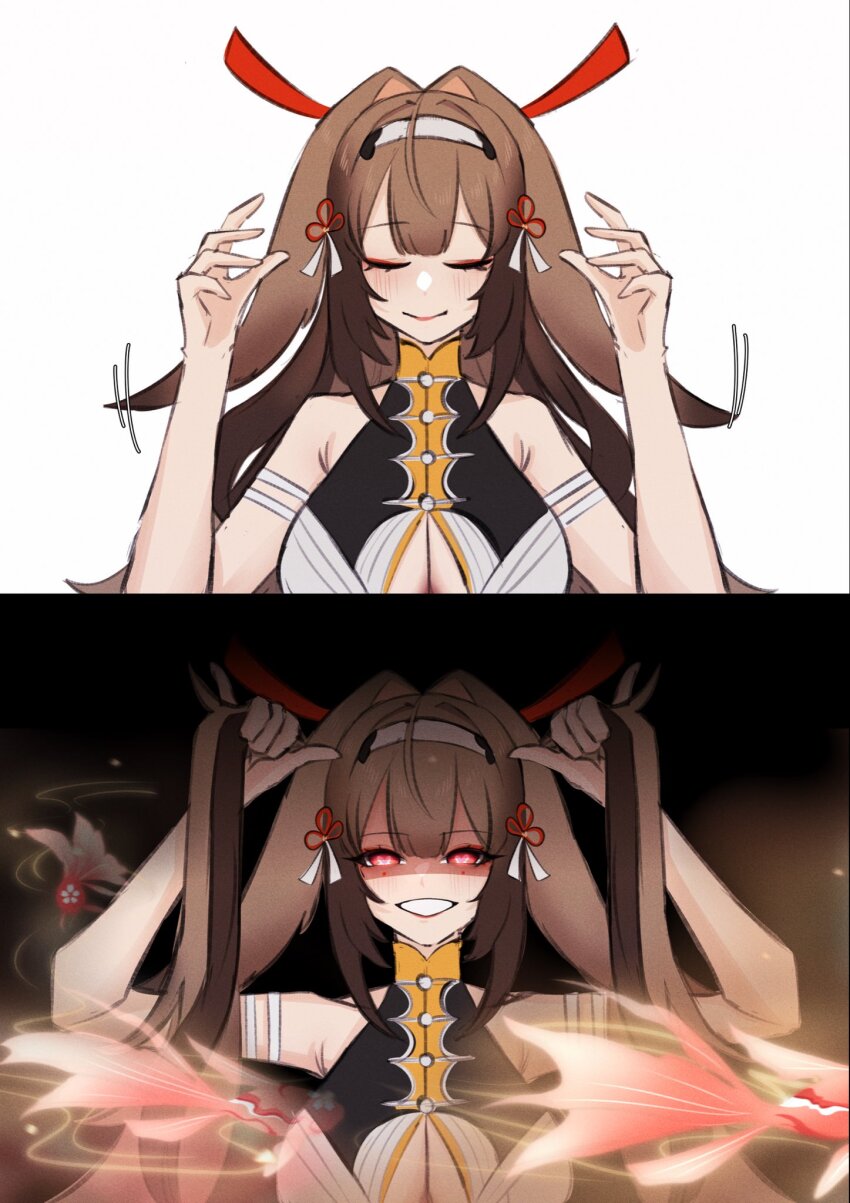 1girl animal_ears breasts brown_hair butterfly-shaped_pupils china_dress chinese_clothes closed_eyes clover_hair_ornament commentary cosplay dress droopy_ears english_commentary facial_mark fox_ears fox_girl grabbing_own_hair grin hair_ornament headband highres holding holding_own_hair honkai:_star_rail honkai_(series) large_breasts mamaprofennn mihoyo multiple_expressions red_eyes sleeveless smile sparkle_(honkai:_star_rail) symbol-shaped_pupils underboob ye_shunguang zenless_zone_zero