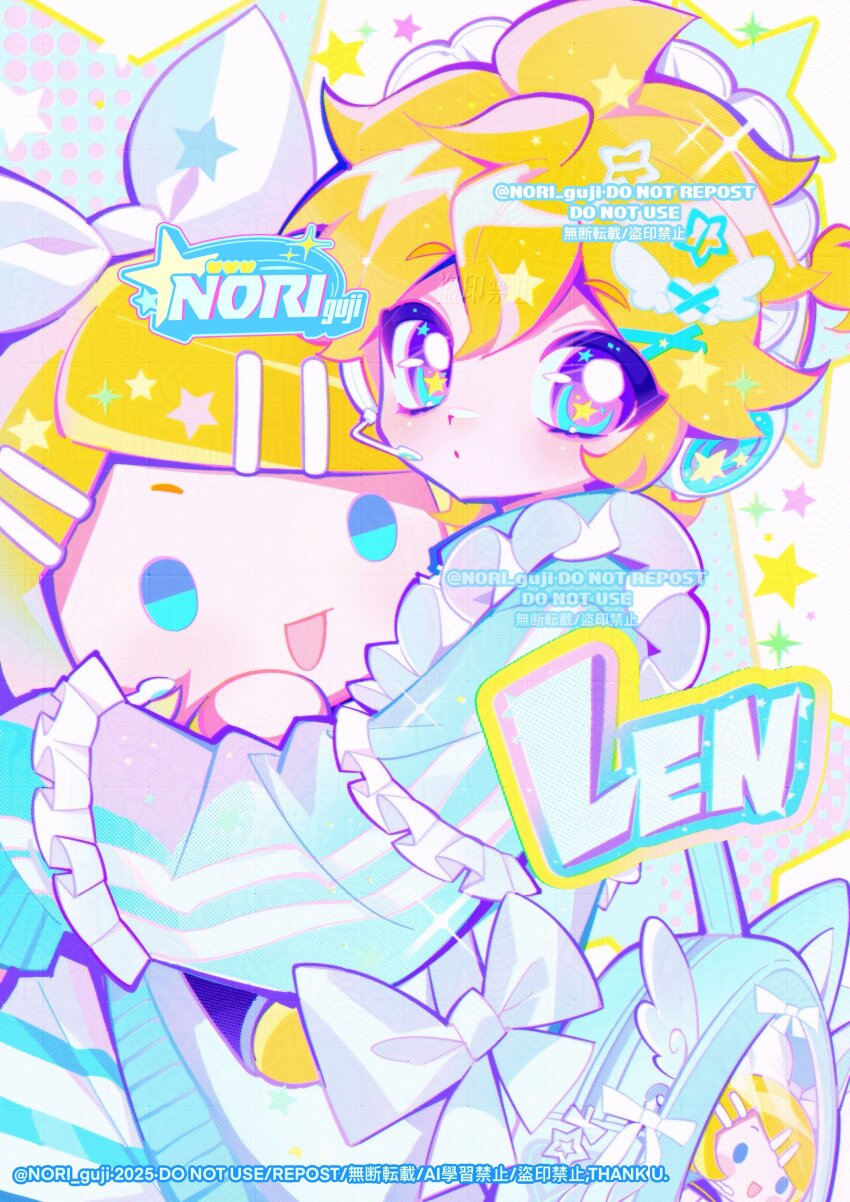 1boy absurdres blonde_hair blue_bag blue_eyes blue_jacket blush character_doll character_doll_in_itabag character_name colorful commentary doll girly_boy hair_ornament hairclip headphones heart heart_hair_ornament highres itabag jacket jersey_maid kagamine_len kagamine_rin looking_at_viewer maid maid_headdress male_focus nori_jooy open_mouth short_hair solo star_(symbol) star_in_eye symbol_in_eye tenshi_kaiwai thick_eyelashes too_many_watermarks unconventional_maid vocaloid watermark yume_kawaii