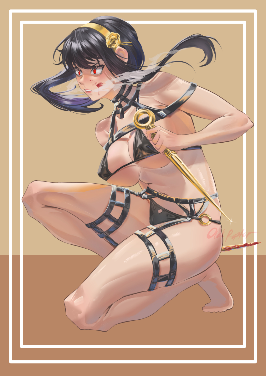 1girl absurdres artist_name bare_shoulders bikini black_bikini black_hair blood blood_on_face bloody_weapon breasts breath cleavage glint gold_hairband hair_ornament hairband highres large_breasts long_hair navel otak_raptor red_eyes shiny_skin sidelocks solo spy_x_family swimsuit thigh_strap weapon yor_briar