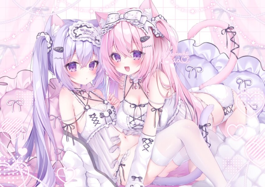 2girls all_fours animal_ear_fluff animal_ears ass blush breasts camisole cat_ears cat_girl cat_tail cleavage commentary_request eye_mask hair_ornament hairclip jacket leaning_back long_hair looking_at_viewer mask momochi_chia multiple_girls navel off_shoulder open_mouth original panties pillow pink_eyes pink_hair purple_eyes purple_hair ribbon scrunchie sitting small_breasts smile tail thighhighs thighs twintails underwear very_long_hair white_camisole white_jacket white_panties white_ribbon white_thighhighs