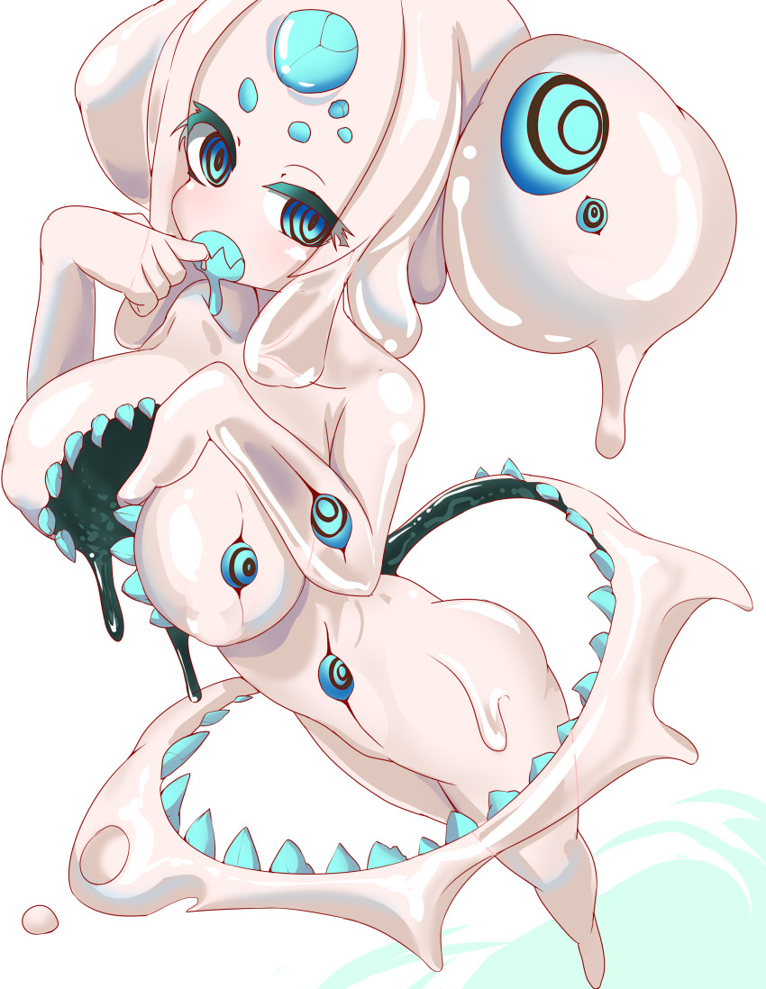 1girl absurdres ass blue_eyes blue_teeth breasts chest_mouth collarbone colored_skin colored_teeth commentary_request floating highres hikyou_takarasou huge_breasts liquid_hair looking_at_viewer monster_girl no_humans no_nipples no_pussy nude original sharp_teeth slime_(creature) slime_(substance) slime_girl teeth white_skin