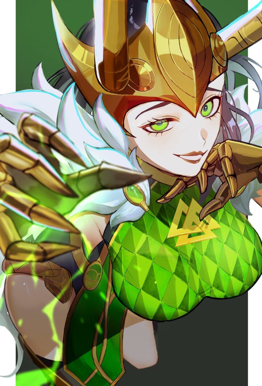 1girl black_hair black_leotard border breasts commentary dress fake_horns genderswap genderswap_(mtf) gold_gloves gradient_background green_background green_dress green_eyes grin highres horned_headwear horned_tiara horns lady_loki large_breasts leotard loki_(marvel) looking_at_viewer marvel marvel_rivals nanimodekiyasne pelvic_curtain seductive_smile smile solo tiara white_border