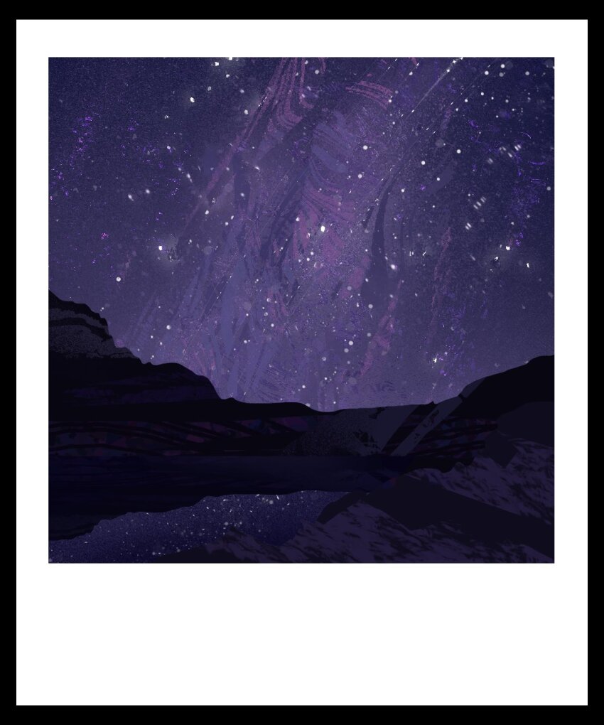 commentary english_commentary highres lake landscape mountainous_horizon nature night no_humans original photo_(object) purple_theme reflection reflective_liquid scenery sky star_(sky) starry_sky twulfs