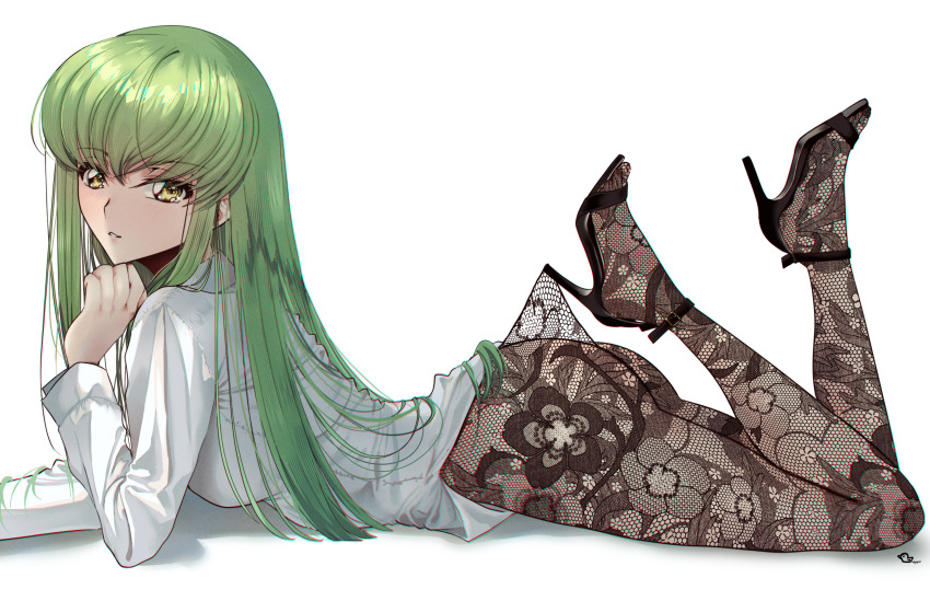 1girl absurdres blouse breasts budgiepon c.c. code_geass female_focus hands_on_own_chin high_heels highres lace_pantyhose_hooked_on_heel_(meme) lying on_stomach parted_lips shirt simple_background thighs white_background