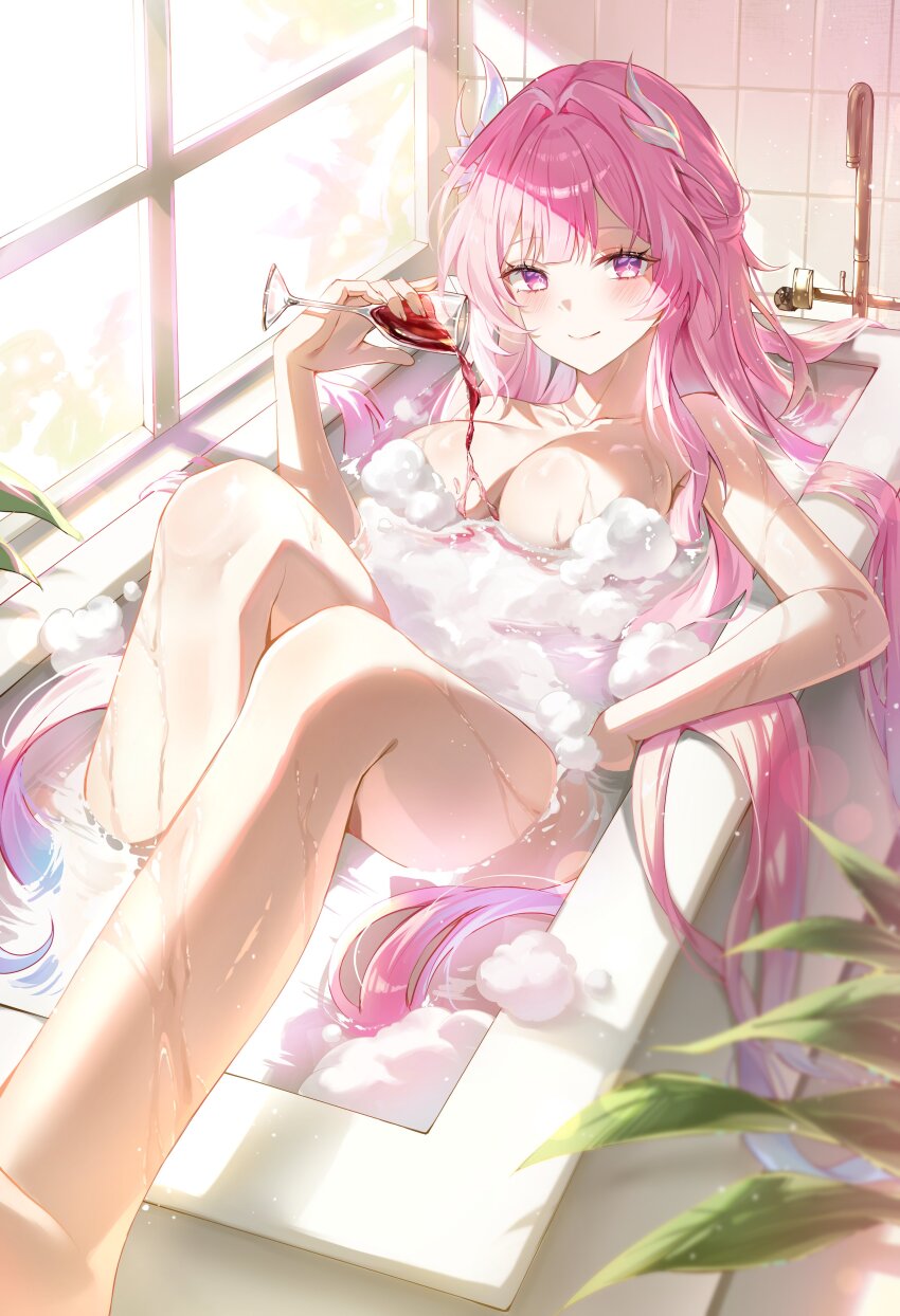 1girl absurdres bathing bathroom blush breasts closed_mouth collarbone commentary convenient_censoring cup cyrene_(honkai:_star_rail) cyrene_(ripples_of_past_reverie)_(honkai:_star_rail) diamond-shaped_pupils diamond_(shape) drinking_glass elbow_rest fingernails hair_flowing_over hair_intakes hair_ornament highres holding holding_cup honkai:_star_rail honkai_(series) ien_(to_yen) indoors knees_up large_breasts long_hair looking_at_viewer partially_submerged pink_hair pouring pouring_onto_self purple_eyes smile soap_bubbles soap_censor solo symbol-only_commentary symbol-shaped_pupils very_long_hair wet
