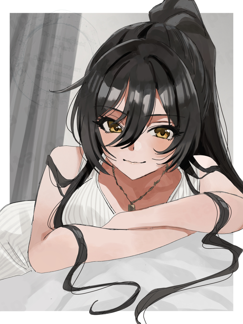 1girl bare_arms black_hair border commentary_request crossed_arms dress hair_between_eyes high_ponytail highres idolmaster idolmaster_shiny_colors indoors jewelry long_hair looking_at_viewer lying necklace on_stomach paddy_field ponytail ribbed_dress shirase_sakuya solo watermark white_border white_dress yellow_eyes