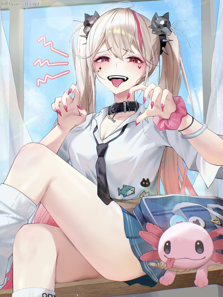 1girl bag belt_collar black_necktie blue_skirt bracelet breasts claw_pose collar commentary_request crossed_legs goddess_of_victory:_nikke grey_hair highres indoors jackal_(class_troublemaker)_(nikke) jackal_(nikke) jewelry large_breasts long_hair looking_at_viewer mayreellove multicolored_hair necktie official_alternate_costume pink_hair pink_nails pink_scrunchie school_bag scrunchie shirt sitting skirt socks solo streaked_hair teeth thighs tongue tongue_out twintails twitter_username two-tone_hair upper_teeth_only very_long_hair white_shirt white_socks wrist_scrunchie