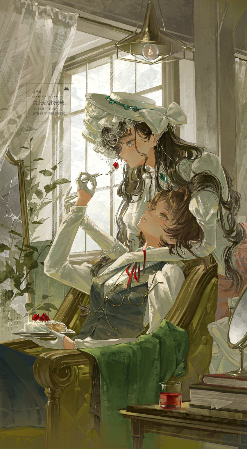 2girls absurdres alcohol artist_name black_vest book bow brown_hair cake chinese_commentary commentary_request cup curtains eyewear_around_neck eyewear_strap fascinator feeding food fork gem glasses gloves green_gemstone hand_on_another's_chest hat hat_bow highres holding holding_fork holding_plate indoors isolde_(reverse:1999) juliet_sleeves kakania_(reverse:1999) light_blush light_bulb long_sleeves looking_at_another multiple_girls neck_ribbon parted_lips plate puffy_sleeves red_ribbon red_wine reverse:1999 ribbon round_eyewear shirt strawberry_cake unworn_clothes unworn_eyewear vest volcanoyyy white_bow white_gloves white_hat white_shirt window wine