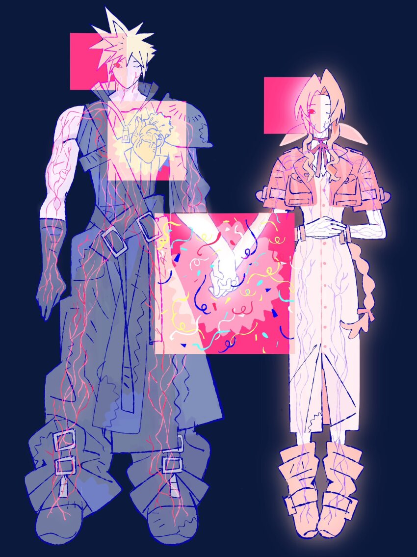 1boy 1girl aerith_gainsborough armor baggy_pants bangle black_background black_boots black_cape black_gloves black_pantyhose black_vest blonde_hair boots bracelet braid braided_ponytail brown_boots brown_hair buttons cape center_opening chest_strap choker closed_eyes cloud_strife couple cropped_jacket dress final_fantasy final_fantasy_vii final_fantasy_vii:_advent_children full_body gloves hair_between_eyes hair_ribbon heart_(organ) hetero highres holding_hands jacket jaysoysaucee jewelry long_dress long_hair one_eye_closed own_hands_together pants pantyhose parted_bangs pauldrons pink_dress pink_ribbon popped_collar red_jacket ribbon ribbon_choker short_hair short_sleeves shoulder_armor sidelocks single_bare_shoulder single_braid single_pauldron spiked_hair streamers veins vest waist_cape