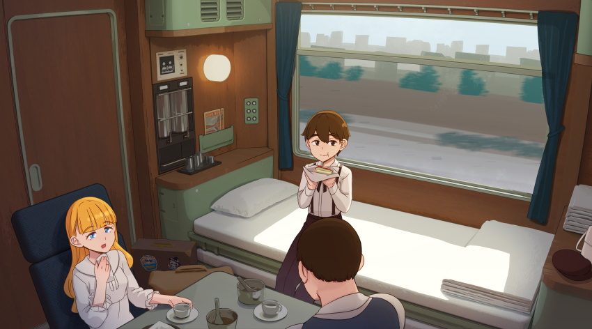 1boy 2girls abubu bed blonde_hair blue_eyes brown_eyes brown_hair brown_hat brown_pants brown_shoes closed_mouth collared_shirt commentary commentary_request crossdressing dress eating english_commentary grey_vest hat highres indoors long_hair long_sleeves mixed-language_commentary multiple_girls open_mouth original pants sandwiched shirt shoes short_hair sitting suspender_pants suspenders tomboy train_interior unworn_hat unworn_headwear very_short_hair vest white_bag white_dress white_shirt window