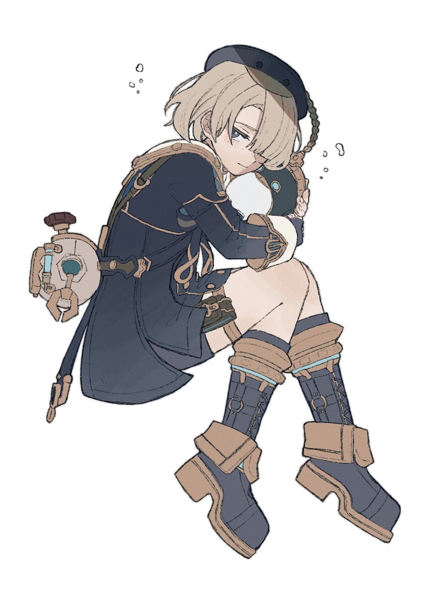 1boy black_boots black_gloves black_hat black_jacket blonde_hair blue_eyes boots closed_mouth commentary freckles freminet_(genshin_impact) full_body genshin_impact gloves hair_over_one_eye hat highres holding hugging_object iwana_oishi jacket long_sleeves looking_at_viewer male_focus pers_(genshin_impact) pouch short_hair simple_background sitting solo symbol-only_commentary thigh_pouch white_background