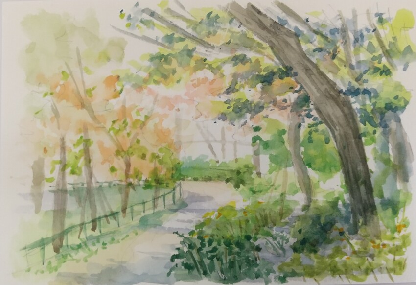 bush commentary_request grass harusa1107 highres no_humans original painting_(medium) park path plant pond road sketch traditional_media tree unfinished watercolor_(medium)