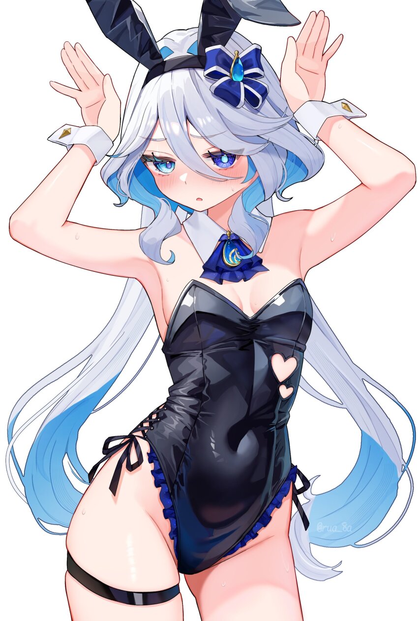 1girl absurdres alternate_costume animal_ear_hairband animal_ears arms_up ascot black_ears black_hairband black_leotard blue_ascot blue_eyes blue_gemstone blue_hair blush breasts brooch clothing_cutout colored_inner_hair covered_navel cowboy_shot detached_collar drop-shaped_pupils eyelash_ornament fake_animal_ears furina_(genshin_impact) gem genshin_impact hairband hashtag-only_commentary heart_cutout highres jewelry leotard long_hair looking_at_viewer multicolored_hair open_mouth playboy_bunny rabbit_ear_hairband rabbit_ears rabbit_pose ruarua0819 side-tie_leotard simple_background skindentation small_breasts solo strapless strapless_leotard sweatdrop symbol-shaped_pupils thigh_strap white_background white_hair wrist_cuffs