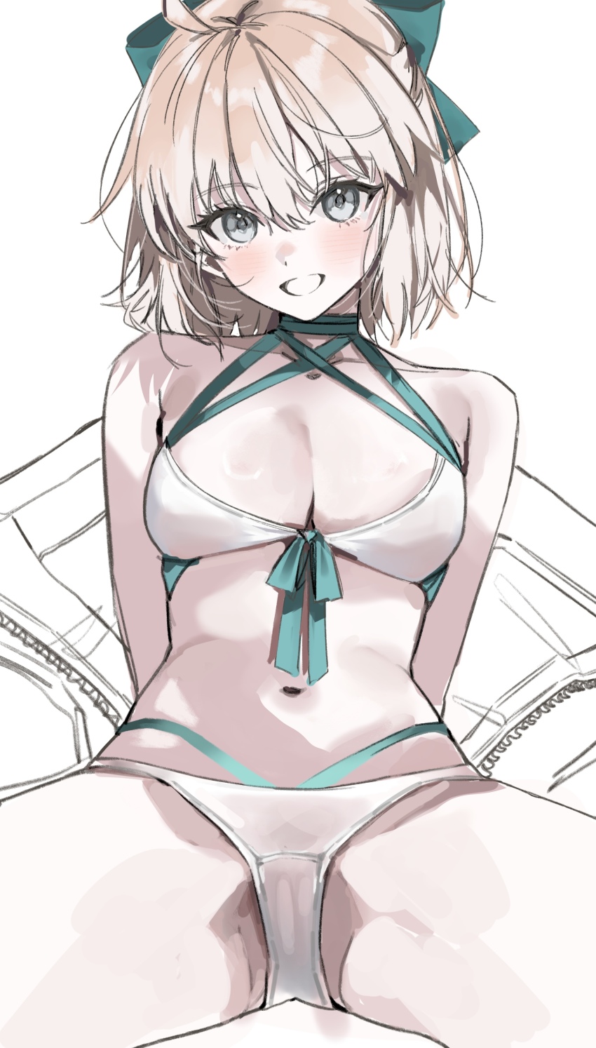 1girl absurdres ahoge bikini blonde_hair bow breasts commentary_request fate/grand_order fate_(series) grey_eyes hair_bow highres korean_commentary medium_breasts navel okchun okita_j._souji_(fate) okita_j._souji_(third_ascension)_(fate) okita_souji_(fate) sitting smile spread_legs swimsuit white_bikini