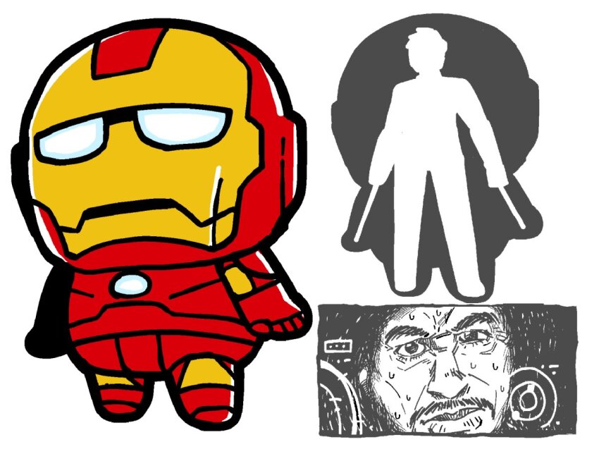 1boy bkub chibi full_body iron_man iron_man_(series) male_focus marvel multiple_views parted_lips robot simple_background standing sweat tony_stark white_background