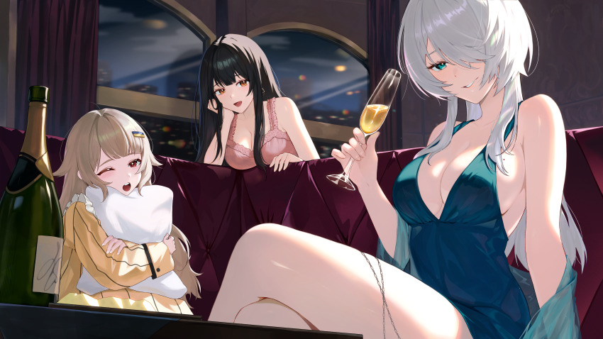3girls :d ;o absurdres alcohol alternate_costume annmiga babydoll bare_shoulders blonde_hair blue_dress blue_eyes blunt_bangs blush bottle breasts brid_(nikke) brown_eyes brown_hair cleavage collarbone commentary couch crossed_legs cup curtains diesel_(nikke) dress drinking_glass earrings goddess_of_victory:_nikke grey_hair hair_between_eyes hair_down hair_flaps hair_ornament hair_over_one_eye hairclip hand_on_own_cheek hand_on_own_face highres holding holding_cup hugging_object indoors infinity_rail_(nikke) jewelry large_breasts long_hair long_sleeves looking_at_viewer loungewear mole mole_on_breast multiple_girls night on_couch one_eye_closed open_mouth pajamas parted_lips pillow pillow_hug pink_babydoll red_eyes sidelocks sitting skyline sleeveless sleeveless_dress smile soline_(nikke) standing teeth triangle_earrings upper_teeth_only window wine wine_bottle wine_glass yellow_pajamas