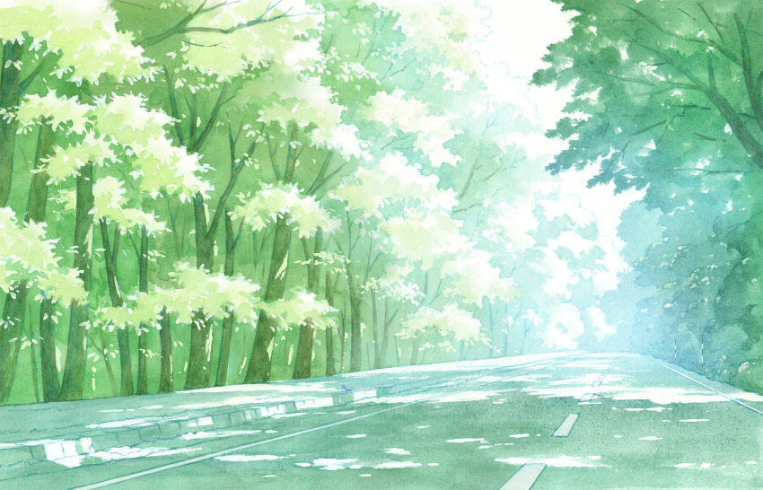 commentary_request dappled_sunlight day hariken highres no_humans original outdoors painting_(medium) road scenery sunlight traditional_media tree watercolor_(medium)