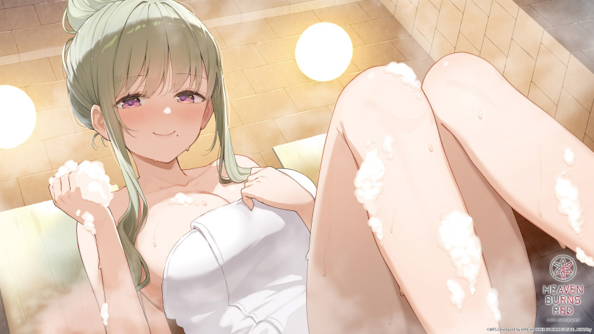 1girl absurdres breasts brick_wall cleavage closed_mouth collarbone copyright_name green_hair hair_bun heaven_burns_red highres indoors knees_up large_breasts looking_at_viewer mirror mole mole_under_eye naked_towel nijihashi_sora ooshima_isuzu purple_eyes sidelocks sitting soap_bubbles solo steam thighs towel wet