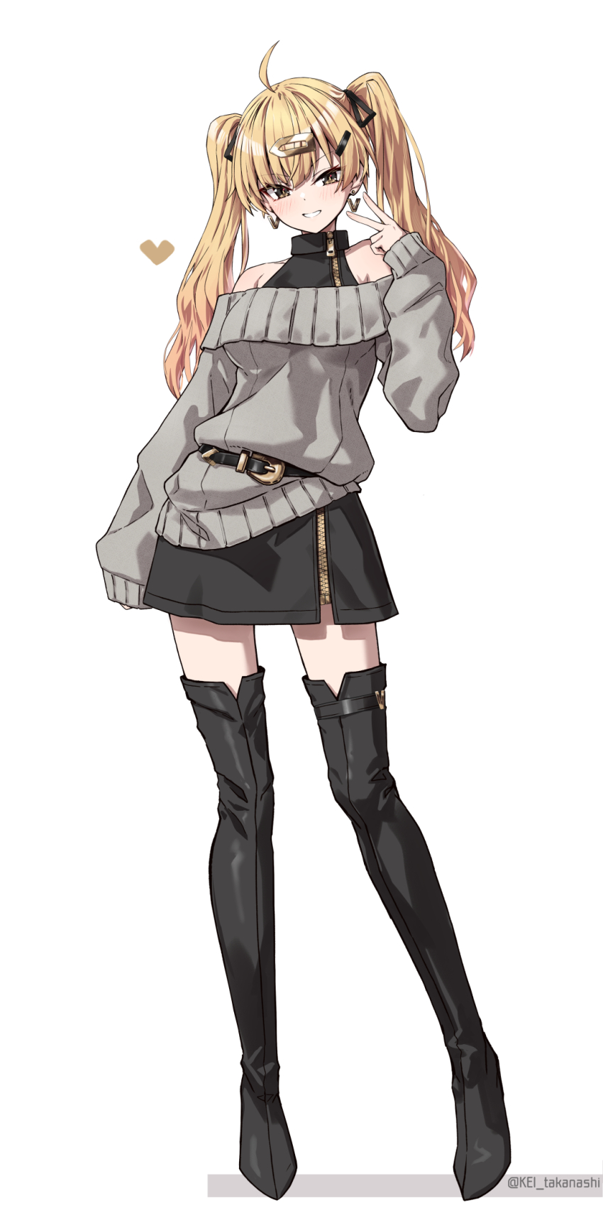 1girl ahoge bare_shoulders belt black_boots black_gold_bunny_(takanashi_kei) black_skirt blonde_hair boots brown_eyes commentary_request full_body grey_sweater hair_ornament hairclip heart highres letter_earrings looking_at_viewer off-shoulder_sweater off_shoulder original simple_background skirt smile solo standing sweater takanashi_kei_(hitsujikan) thigh_boots twintails twitter_username v white_background zipper_skirt