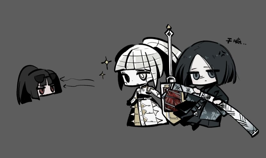 1boy 2girls albina_(project_moon) android angry armor armored_dress black_eyes black_hair blunt_bangs breastplate chibi chibi_only dress heterochromia high_ponytail holding holding_sword holding_weapon japanese_clothes kan_084 limbus_company long_hair multiple_girls ponytail project_moon red_eyes ren_(project_moon) ryoshu_(project_moon) sparkle sunglasses sword weapon white_eyes white_hair