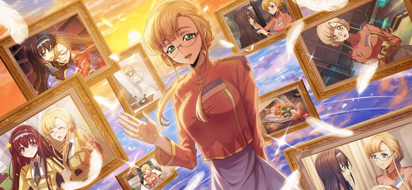 2girls ashford_academy_school_uniform black_hair blonde_hair blue_eyes breasts clarice_garfield code_geass code_geass:_lost_stories f4samurai game_cg glasses green_eyes hairband highres large_breasts long_hair looking_at_viewer maya_disel multiple_girls official_art open_mouth orange_shirt photo_(object) school_uniform shirt smile