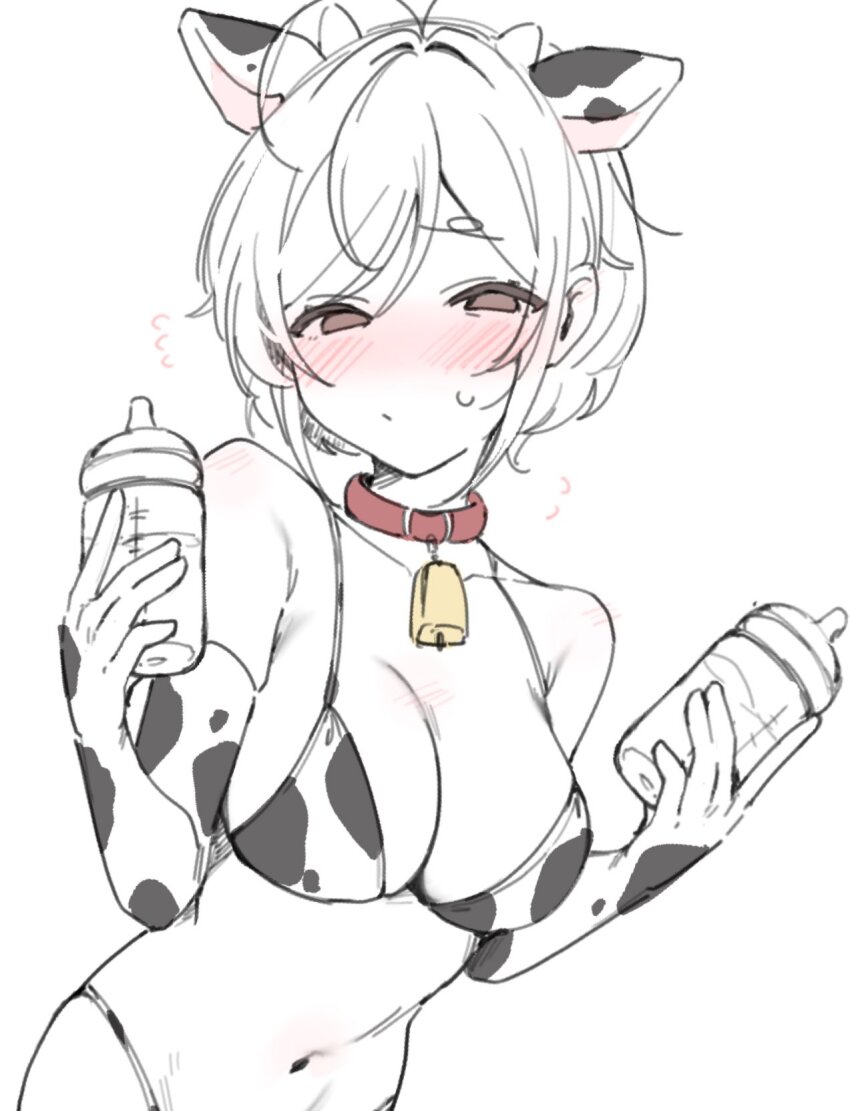 1girl animal_ears animal_print bell bikini blush breasts collar commentary cow_ears cow_print cow_print_bikini cow_print_gloves cowbell elbow_gloves gloves grey_hair half-closed_eyes highres large_breasts navel original paragasu_(parags112) parted_bangs print_bikini print_gloves short_hair simple_background sketch solo swimsuit symbol-only_commentary upper_body