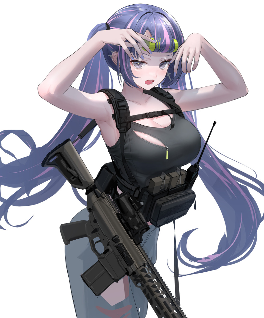 1girl absurdres ammunition_pouch armpits arms_up assault_rifle breast_zipper breasts buckle chest_harness cleavage collarbone commentary cross grey_eyes grey_pants gun hair_rollers harness highres large_breasts light_blush long_hair looking_at_viewer multicolored_hair nail_polish open_mouth original pants pink_hair pink_streaks pouch purple_hair purple_nails radio rifle scope shirt sidelocks sig_mcx sig_sauer simple_background sleeveless sleeveless_shirt snap-fit_buckle solo sthk strap tactical_clothes teeth twintails unzipped very_long_hair weapon white_background