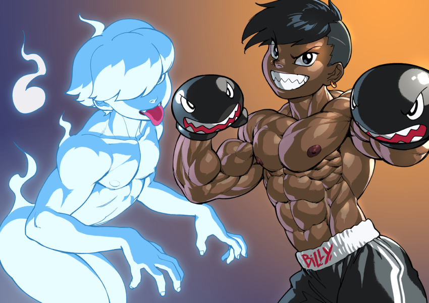 2boys abs black_hair boo_(mario) boxing_gloves boxing_shorts bullet_bill dark-skinned_male dark_skin earrings fang ghost gradient_background hair_over_eyes hair_over_one_eye hitodama jewelry male_focus mario_(series) multiple_boys muscular nintendo nipples pectorals personification pokkuti shorts simple_background tongue tongue_out topless_male v-shaped_eyebrows