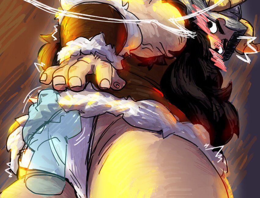 1boy ass bara barry.d.sloth beard blush clothes_lift covering_ass covering_privates disembodied_hand dungeon_meshi dwarf facial_hair fake_horns from_below helmet highres horned_helmet horns lifting_another's_clothes loincloth long_beard male_focus mustache senshi_(dungeon_meshi) shirt_lift shy solo speech_bubble thick_mustache thighs very_long_beard