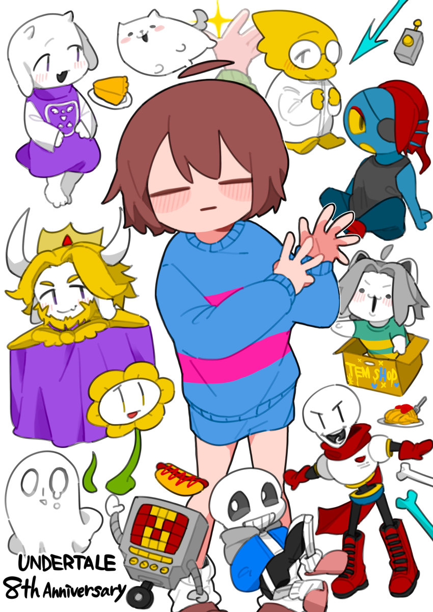1other 3girls 6+boys absurdres anniversary annoying_dog asgore_dreemurr blue_shorts blue_sweater blush_stickers box brown_hair chara_(undertale) chibi closed_eyes copyright_name dog flowey flowey_(undertale) food frisk_(undertale) highres mettaton multiple_boys multiple_girls napstablook open_mouth papyrus_(undertale) robot sans_(undertale) short_hair shorts sitting smile sweater tadeno temmie toriel undertale undyne utdr_(toby_fox) white_background