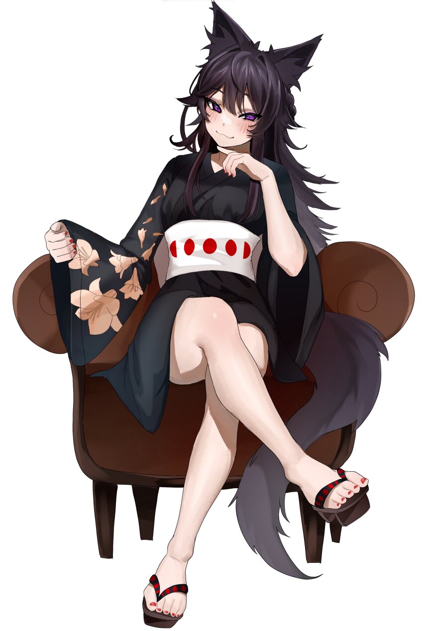 1girl :3 absurdres animal_ear_fluff animal_ears armchair black_hair black_kimono black_sandals cat_ears cat_girl cat_tail chair closed_mouth commentary commission crossed_legs double-parted_bangs english_commentary fingernails full_body hand_on_own_chin highres japanese_clothes kimono legs leiden_yaegore long_hair long_sleeves looking_at_viewer nail_polish original purple_eyes red_nails sandals sash simple_background sitting smile solo tail toenail_polish toenails white_background white_sash wide_sleeves