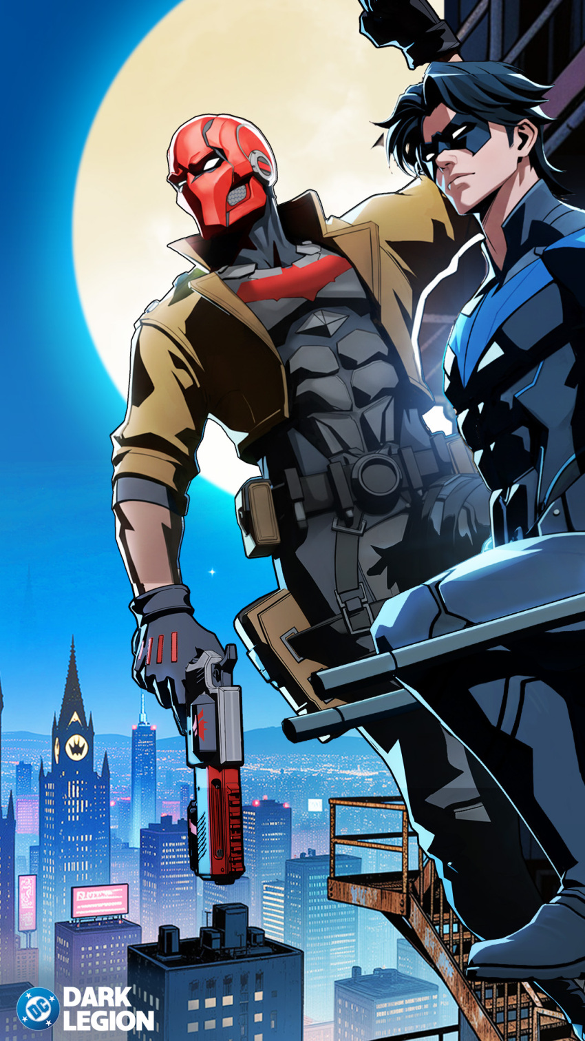 bat_signal batman_(series) batman_symbol black_bodysuit black_hair bodysuit brothers brown_jacket dc:_dark_legion dc_comics dick_grayson domino_mask eye_mask grey_bodysuit highres jacket jason_todd male_focus mask multicolored_bodysuit multiple_boys muscular muscular_male nightwing official_art open_clothes pants red_hood_(dc) red_mask short_hair siblings superhero_costume taut_bodysuit two-tone_bodysuit