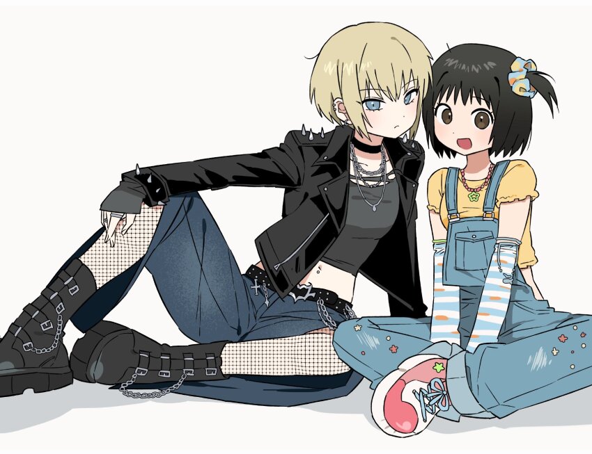 2girls arashiyama_hotori arm_support belt black_belt black_boots black_choker black_hair black_jacket blonde_hair blue_eyes blue_overalls blue_pants boots brown_eyes chain chain_necklace choker closed_mouth collarbone commentary_request crop_top cropped_shirt ear_piercing fishnets full_body grey_shirt hair_ornament hair_scrunchie highres jacket jewelry knee_up kon_futaba korean_commentary long_sleeves looking_at_viewer multiple_girls multiple_rings navel navel_piercing necklace one_side_up open_clothes open_jacket open_mouth overalls pants piercing pink_shoes ring scrunchie shirt shiryoku_kensa shoes short_hair short_sleeves sitting sleeves_past_wrists soredemo_machi_wa_mawatteiru spiked_jacket white_background yellow_shirt