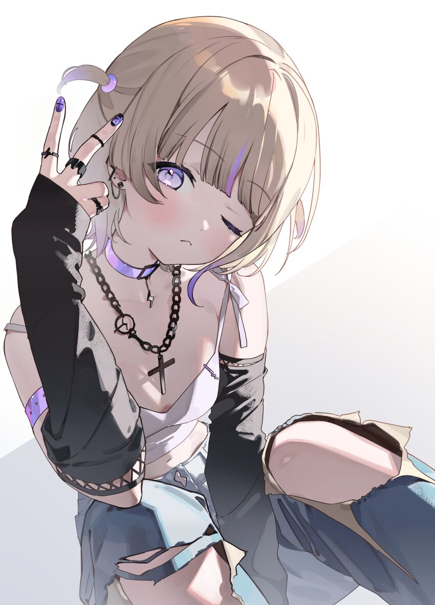 1girl absurdres alternate_costume blonde_hair breasts choker commentary_request crop_top cross cross_necklace denim detached_sleeves ear_piercing highres hololive hololive_dev_is jeans jewelry looking_at_viewer marimo_ke midriff nail_polish necklace one_eye_closed pants piercing purple_choker purple_eyes purple_nails shirt short_hair simple_background small_breasts solo todoroki_hajime torn_clothes torn_jeans torn_pants two_side_up virtual_youtuber white_background white_shirt